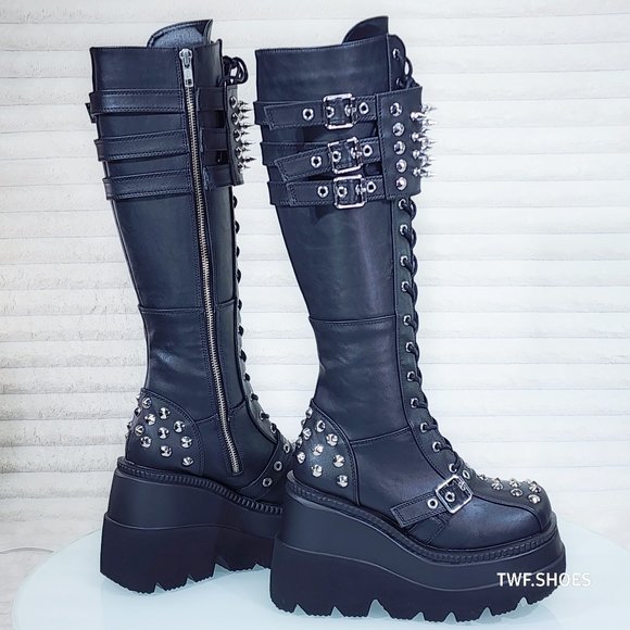Shaker 232 Goth Punk Rave Platform Wedge Knee Boots Spikes - Picture 1 of 8